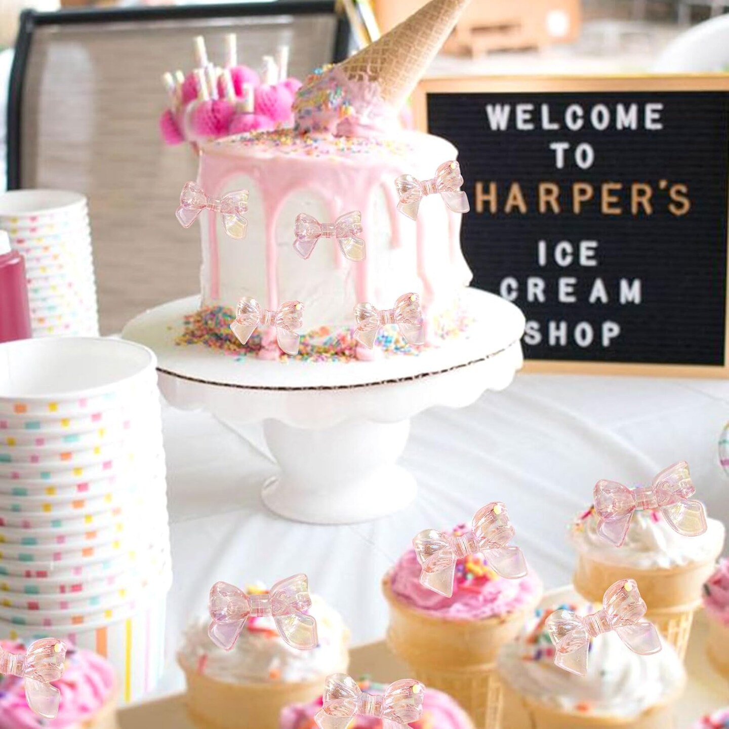 24PCS Pink Bow Cake Toppers – Cupcake Picks for Baby Shower, Birthday & Wedding