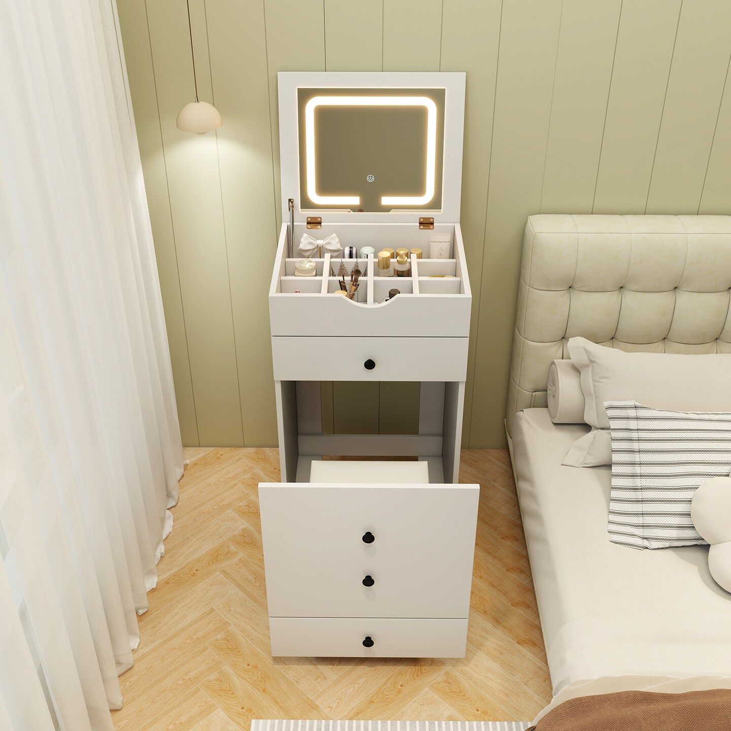 White Flip-Up Vanity Set with LED Mirror, Storage &#x26; Rolling Stool