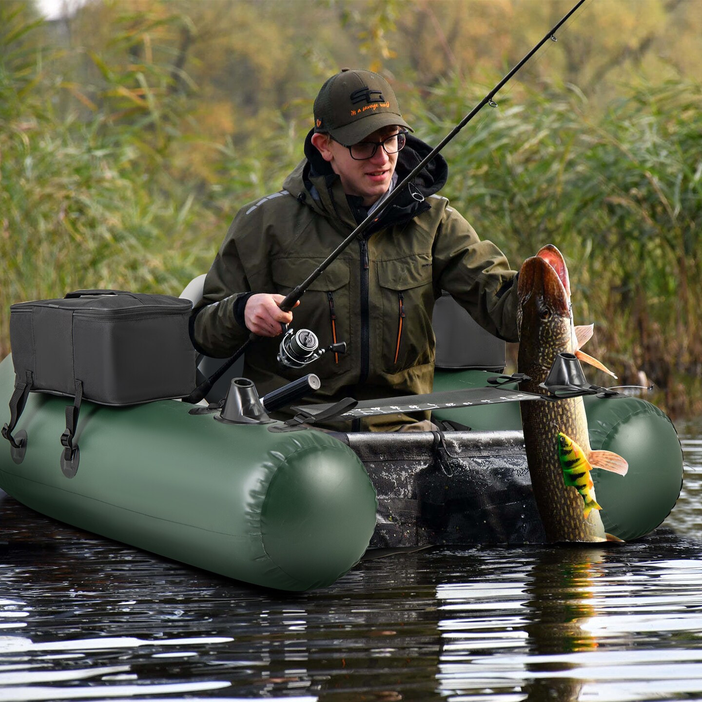 Camouflage Inflatable Fishing Float Tube with Adjustable Backrest and Storage Pockets