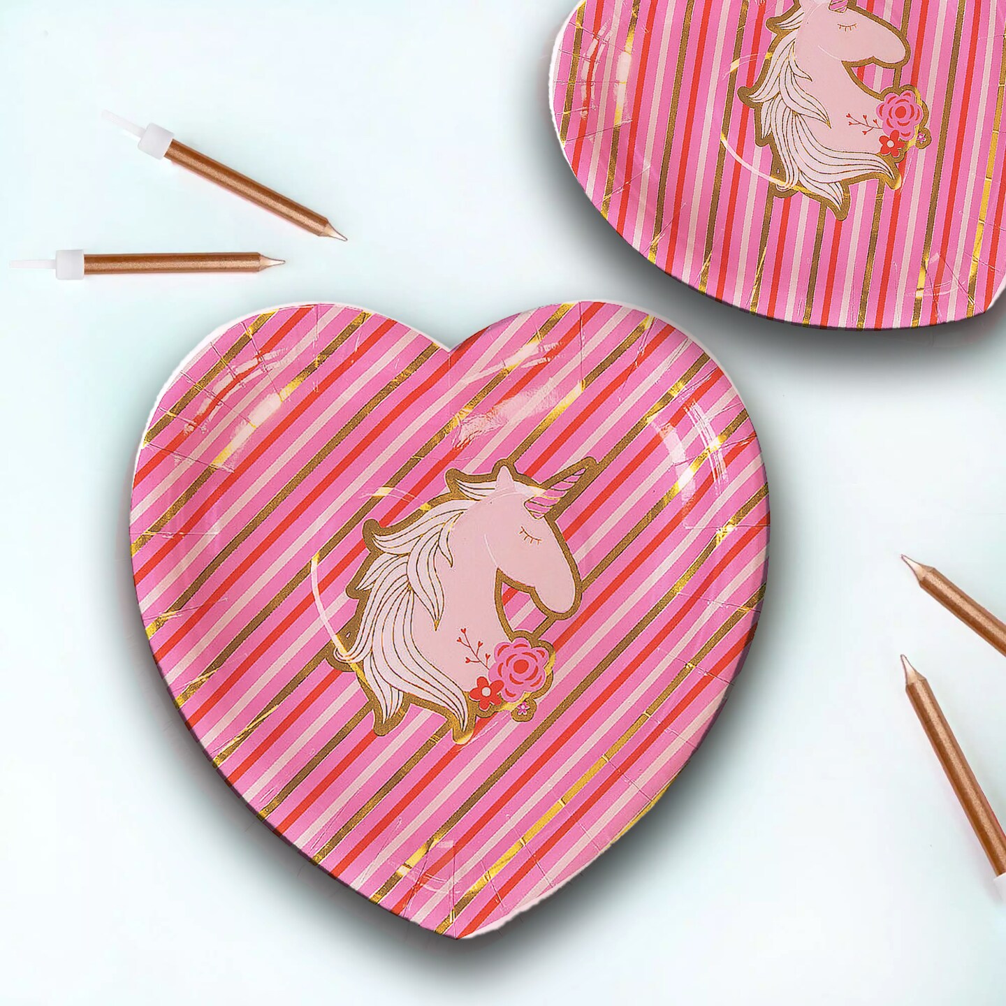 8 Ct. Valentine's Day Unicorn & Gold Foil Paper Dessert Plates 7.5"
