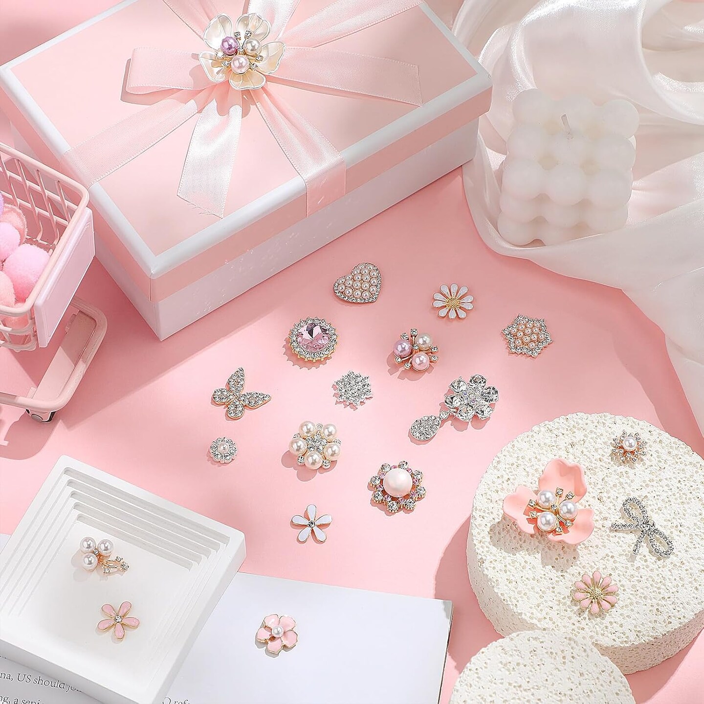 48 Pcs Rhinestone Buttons for Crafts Clothes Faux Pearl Embellishments