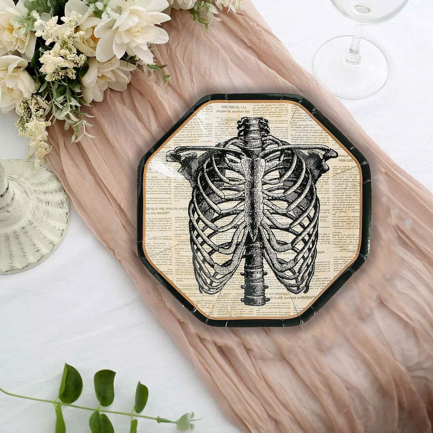 8 Count Vintage Halloween Skeleton Octagonal Paper Dessert Plates 7 Inch Disposable Party Supplies