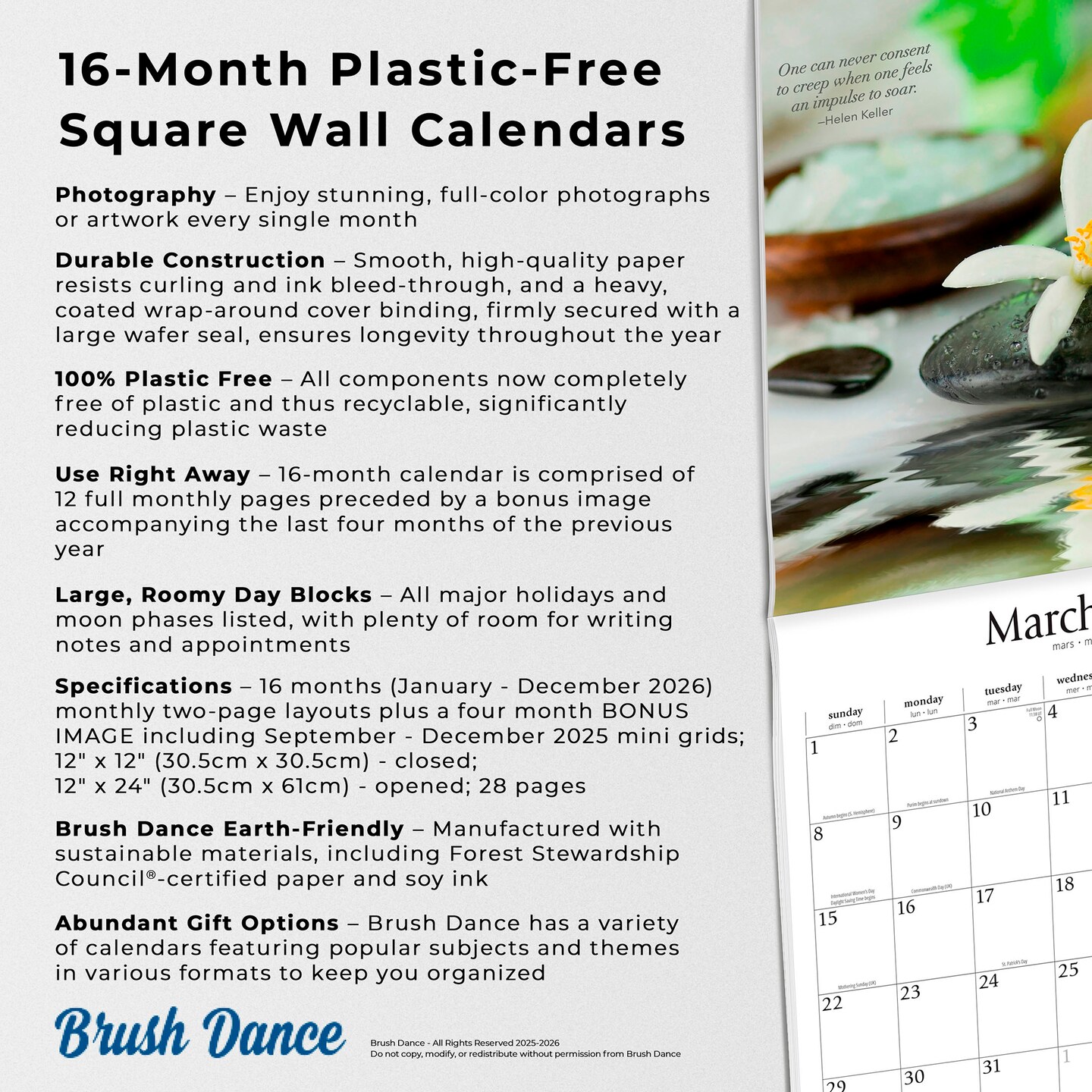 Mindful Living | 2026 12 x 24 Inch (Hanging) Monthly Square Wall Calendar | Plastic-Free | Brush Dance | Art Quotes Photography Inspiration