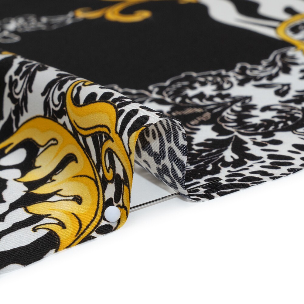 1 Yard Italian Silk Charmeuse Print Fabric Black, White & Yellow Gold Floral Scroll Patchwork with Greek Key Border, 53 Inch Width