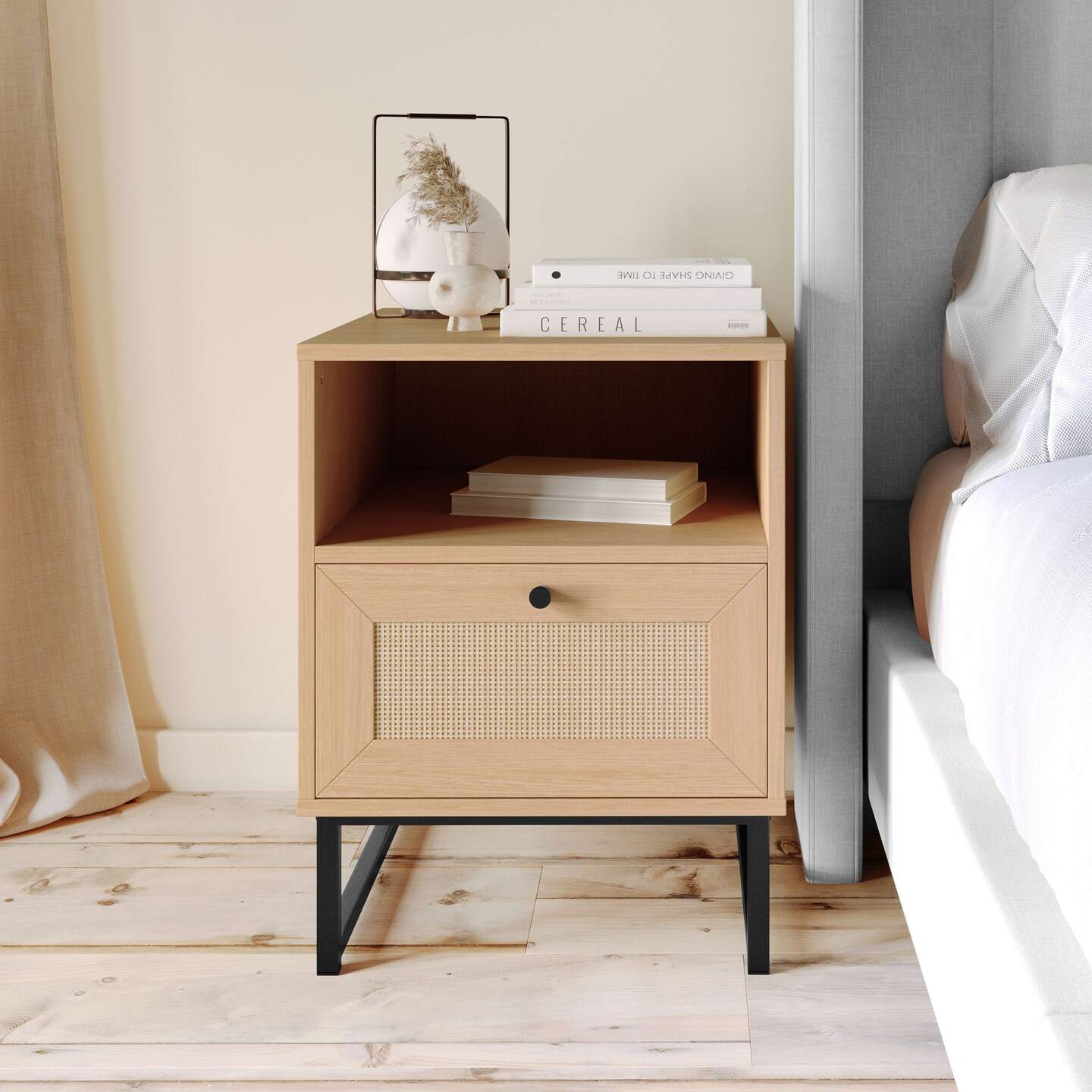 Merrick Lane Burkett Set of 2 Mid-Century Modern Wooden Bed Side Tables/Nightstands with Drawer and Shelf