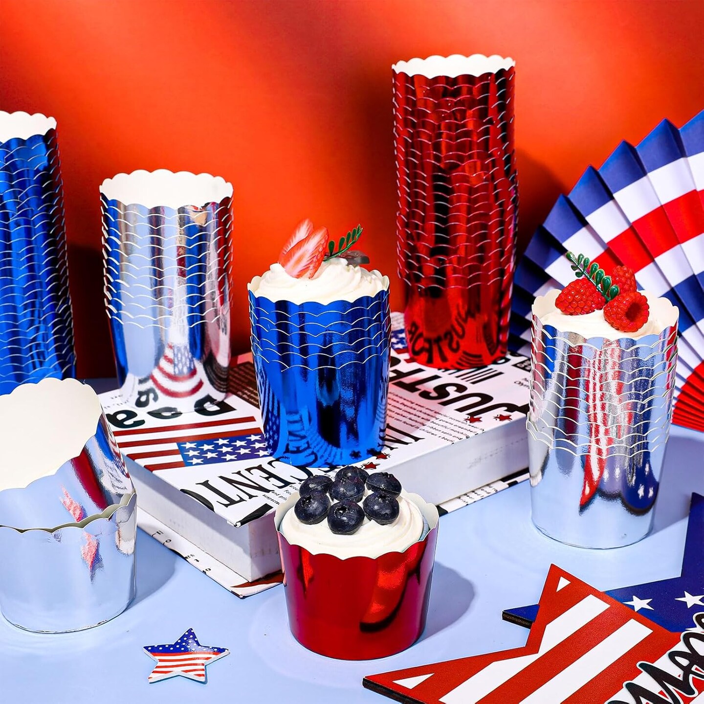 150Pcs Patriotic July 4th Foil Cupcake Liners Red Blue Silver
