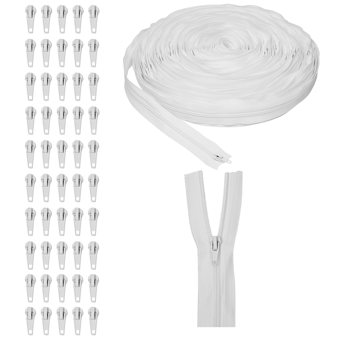 51-Piece Nylon #5 Coil Zippers Set, 50 Yards of 1.3-Inch Wide of Nylon Zipper with 50 Metal Sliders for Sewing, Crafting and Art Supplies, Clothes Making and Repair (White)