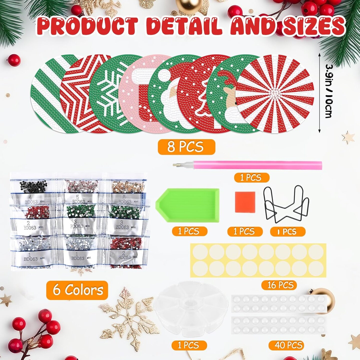 Diamond Coasters Art Painting Kit, 8pcs Diamond Christmas Art Coasters with Holder