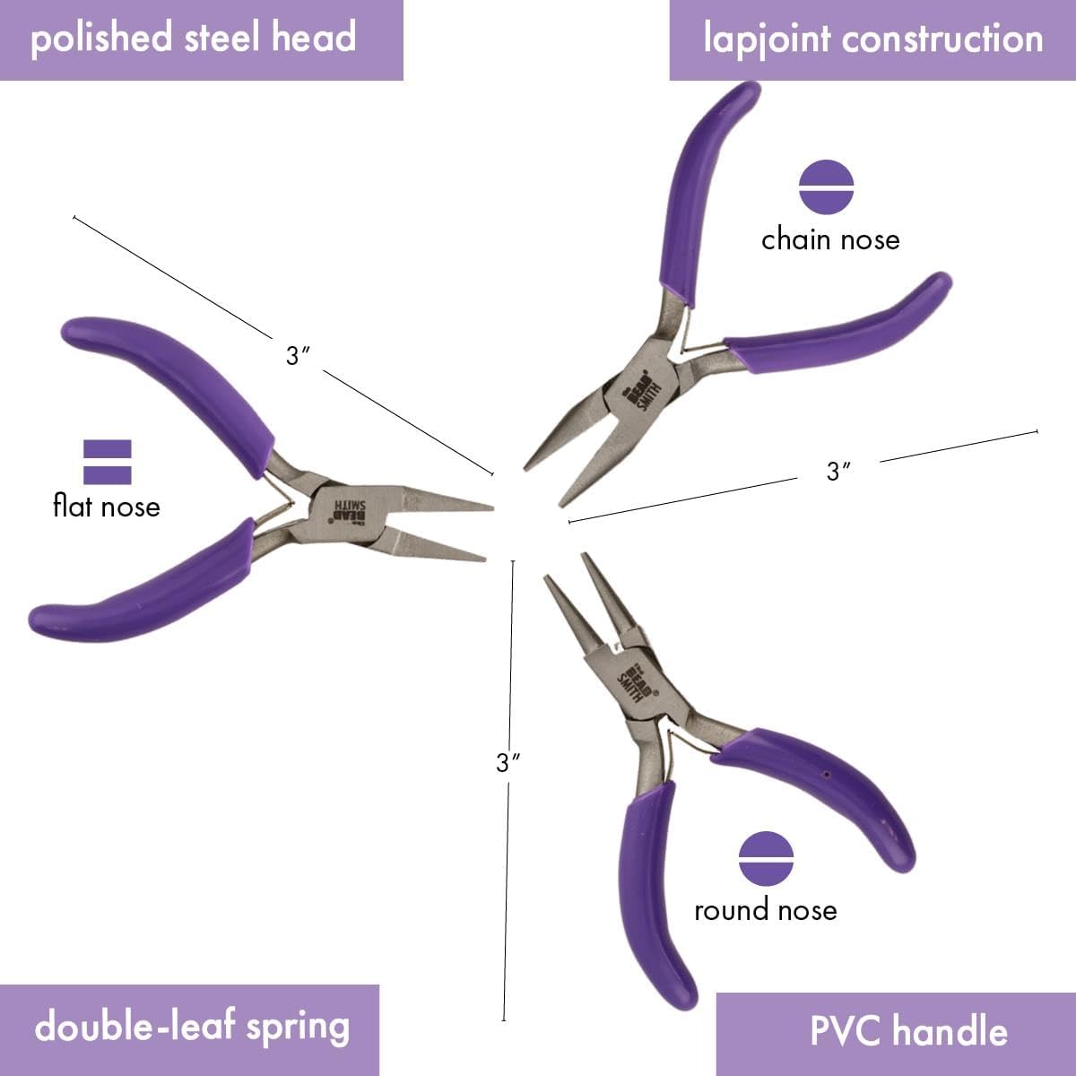 The Beadsmith Mini Series Chain Nose Plier – Create Loops and Bends in Wire and Metal, Purple Comfort Grip Handle, Single Leaf Spring, Polished Steel Head – Tools for Jewelry Making