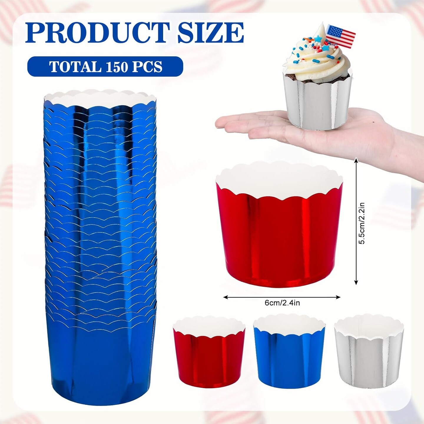 150Pcs Patriotic July 4th Foil Cupcake Liners Red Blue Silver