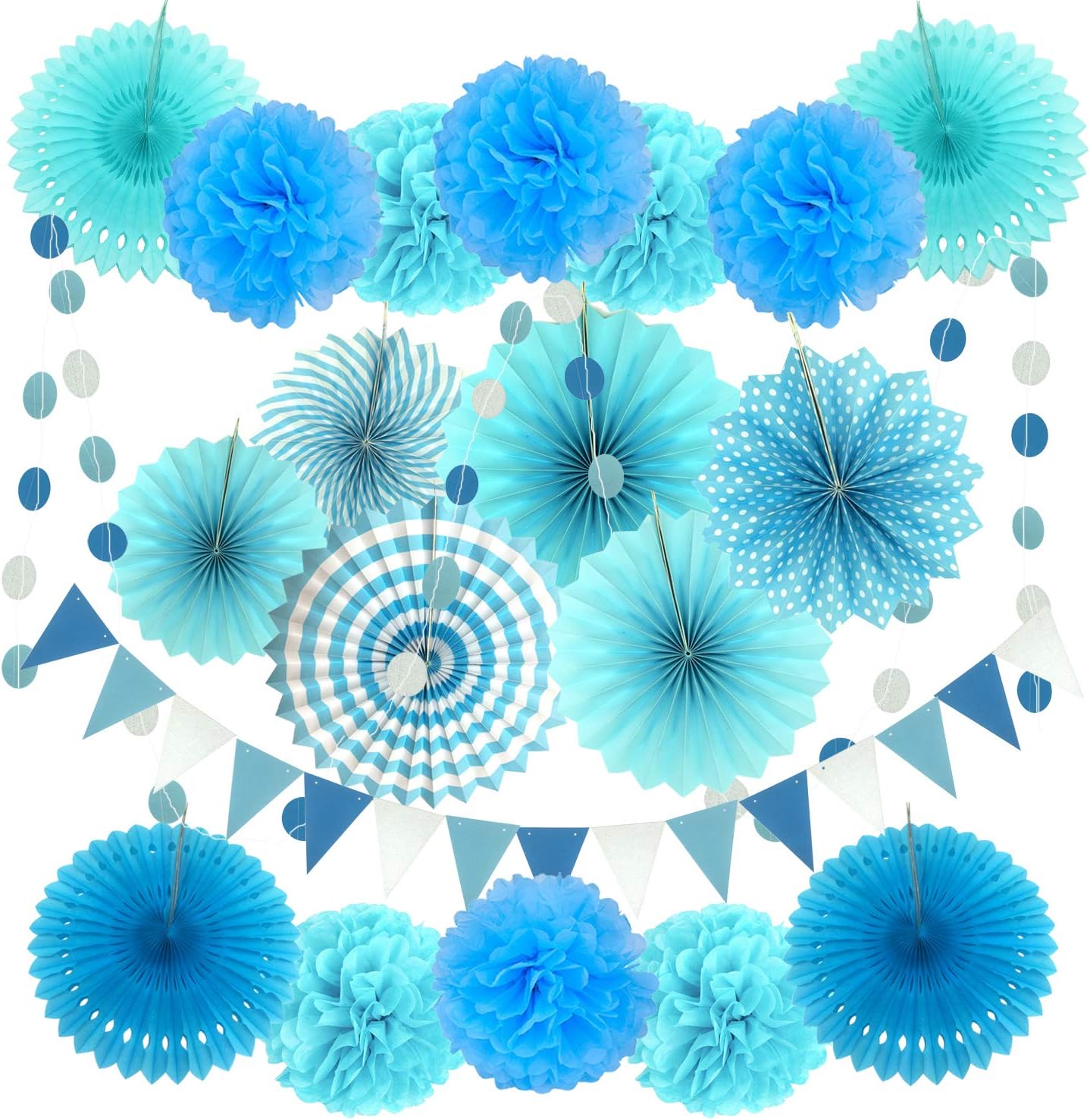 Party Decoration, 21 Pcs Blue Hanging Paper Fans, Pom Poms Flowers