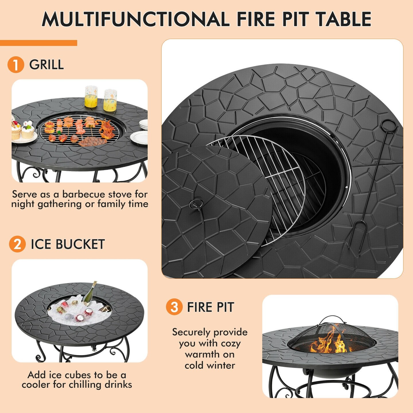 Black 35.5" Wood Burning Fire Pit Dining Table with BBQ Grill