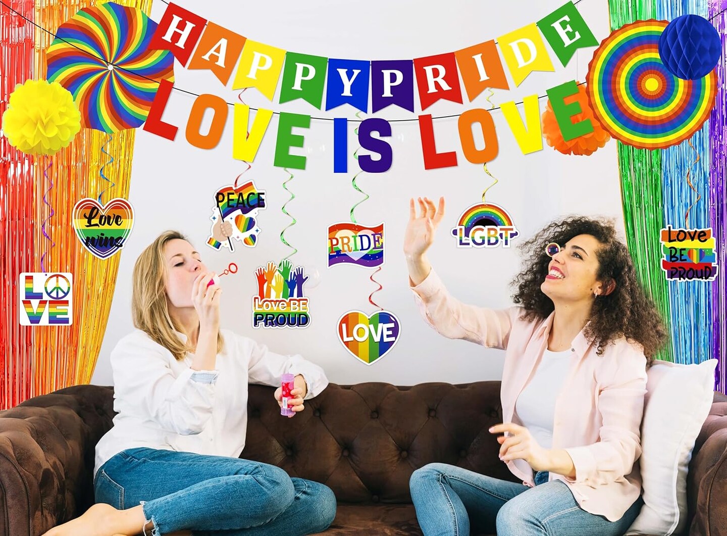 34PCS Pride Decorations Rainbow Party Set for Office - Pride Month Love Is Love Banner Foil Curtains Balloons LGBT Hanging Swirls Paper Fans Pom Poms Honeycombs Home Decor Supplies