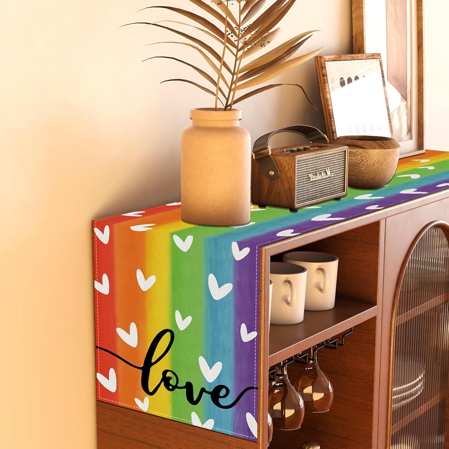 Pride Table Runner Rainbow Tablecloth Pride Day Rainbow Stripe LGBT Love is Love Decorations and Supplies for Home Kitchen Table-13×72''