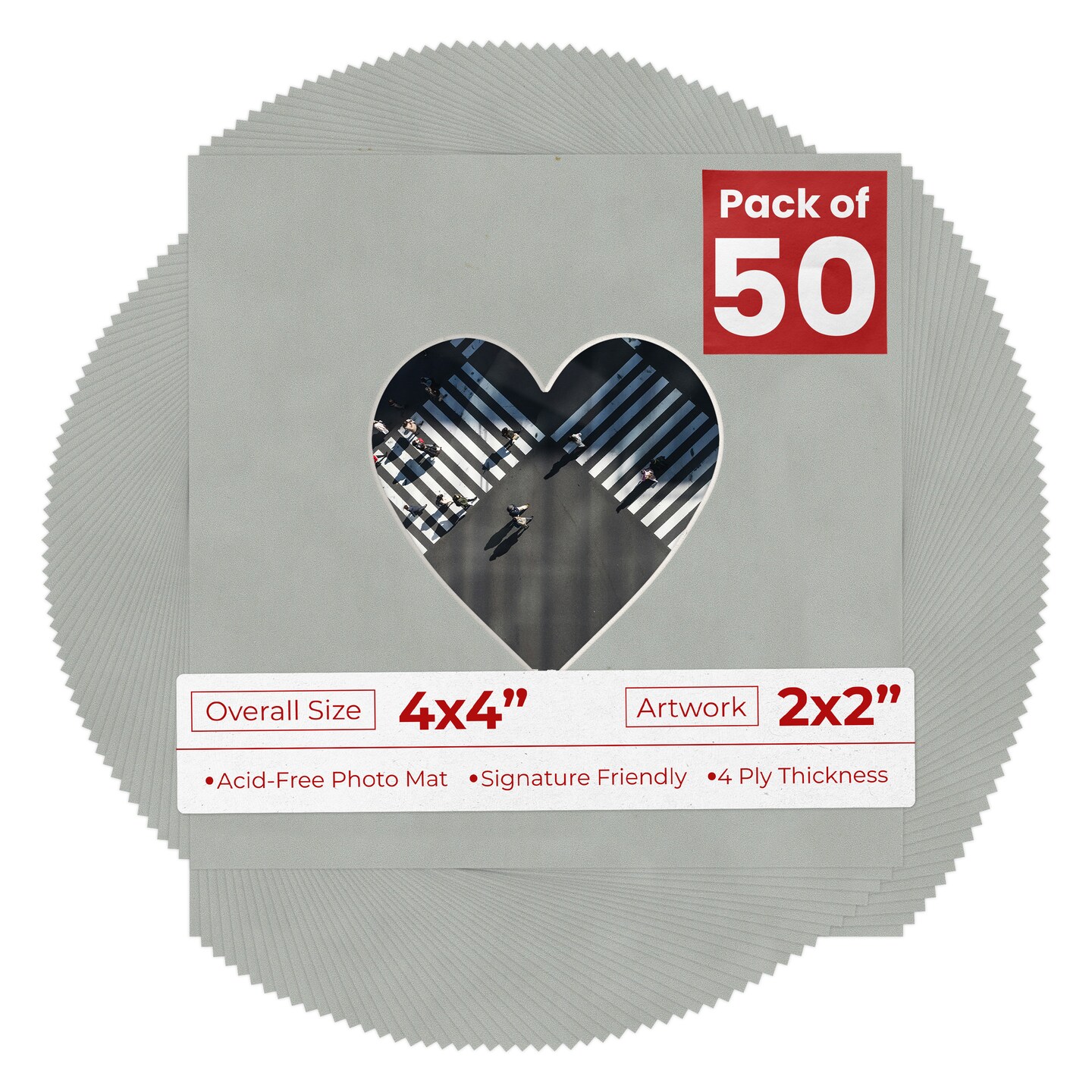 Light Grey Suede Mat Board for 4x4 Inch Frames - Heart Opening for 2x2 Photos