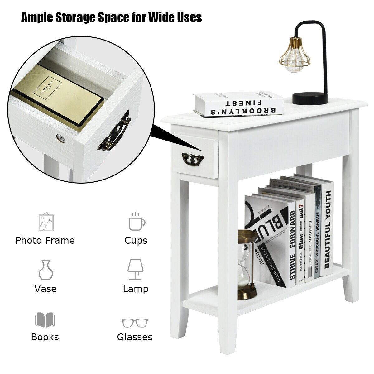2-Tier End Table Set 2 Pieces with Drawer and Open Shelf for Bedside or Sofa