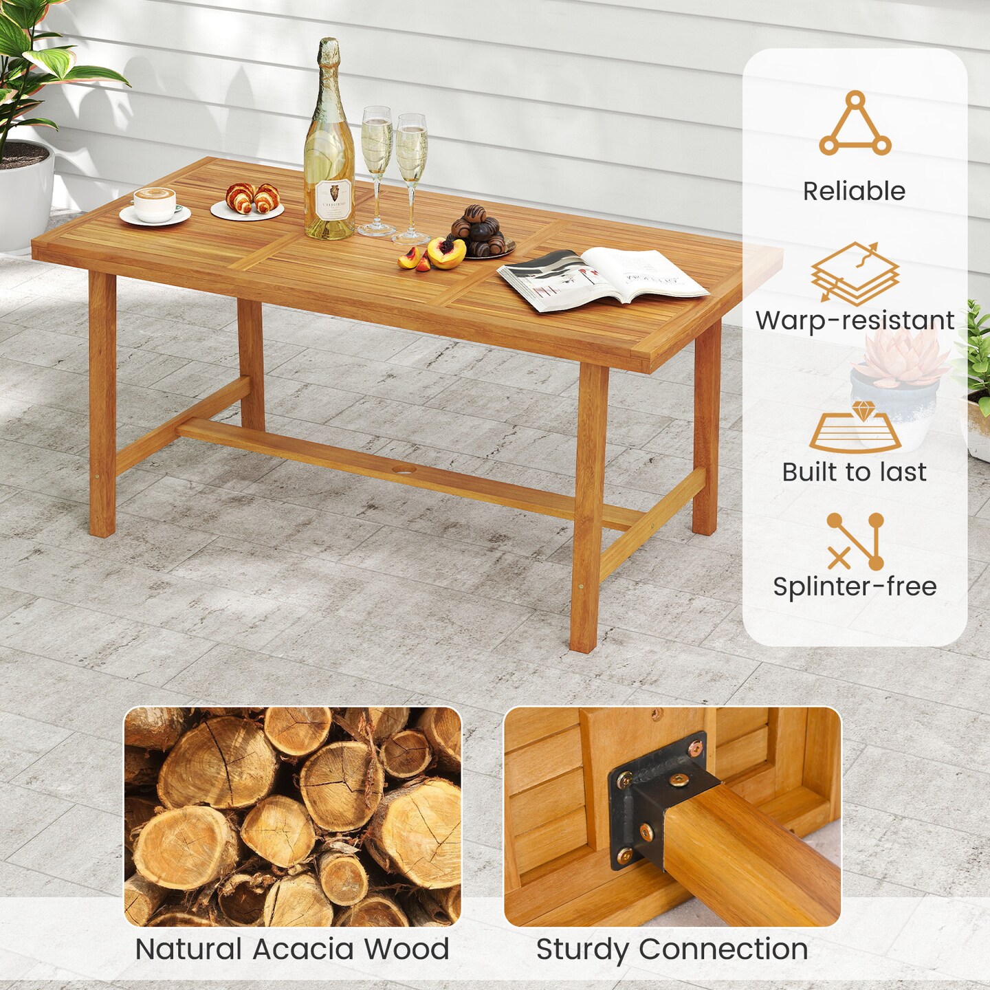 Indoor Outdoor Acacia Wood Dining Table for 6, Sturdy and Durable