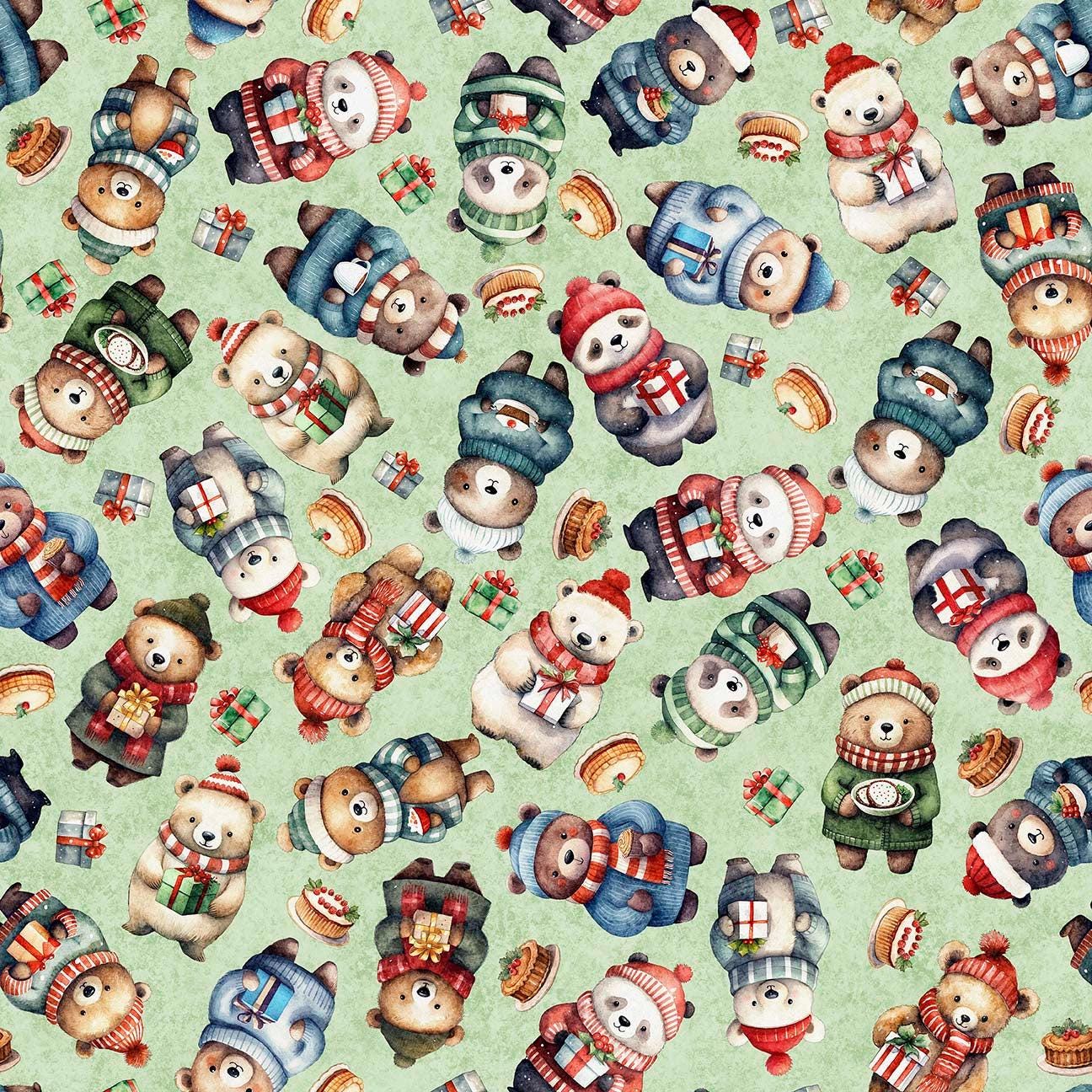 QT Cuties Christmas Santa Bears on Mint Green 100% Cotton Price per Yard