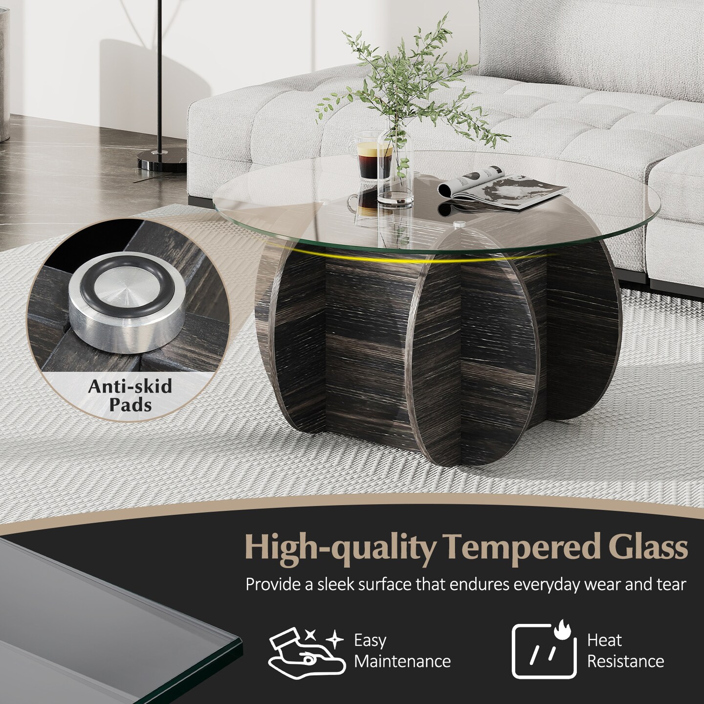 Round Coffee Table 35 Inch with Tempered Glass Top and Solid Wood Base