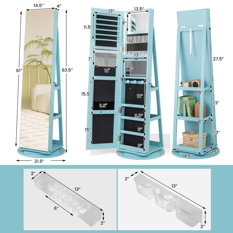 Freestanding Jewelry Armoire with Mirror Lockable LED Lights Swivel Base