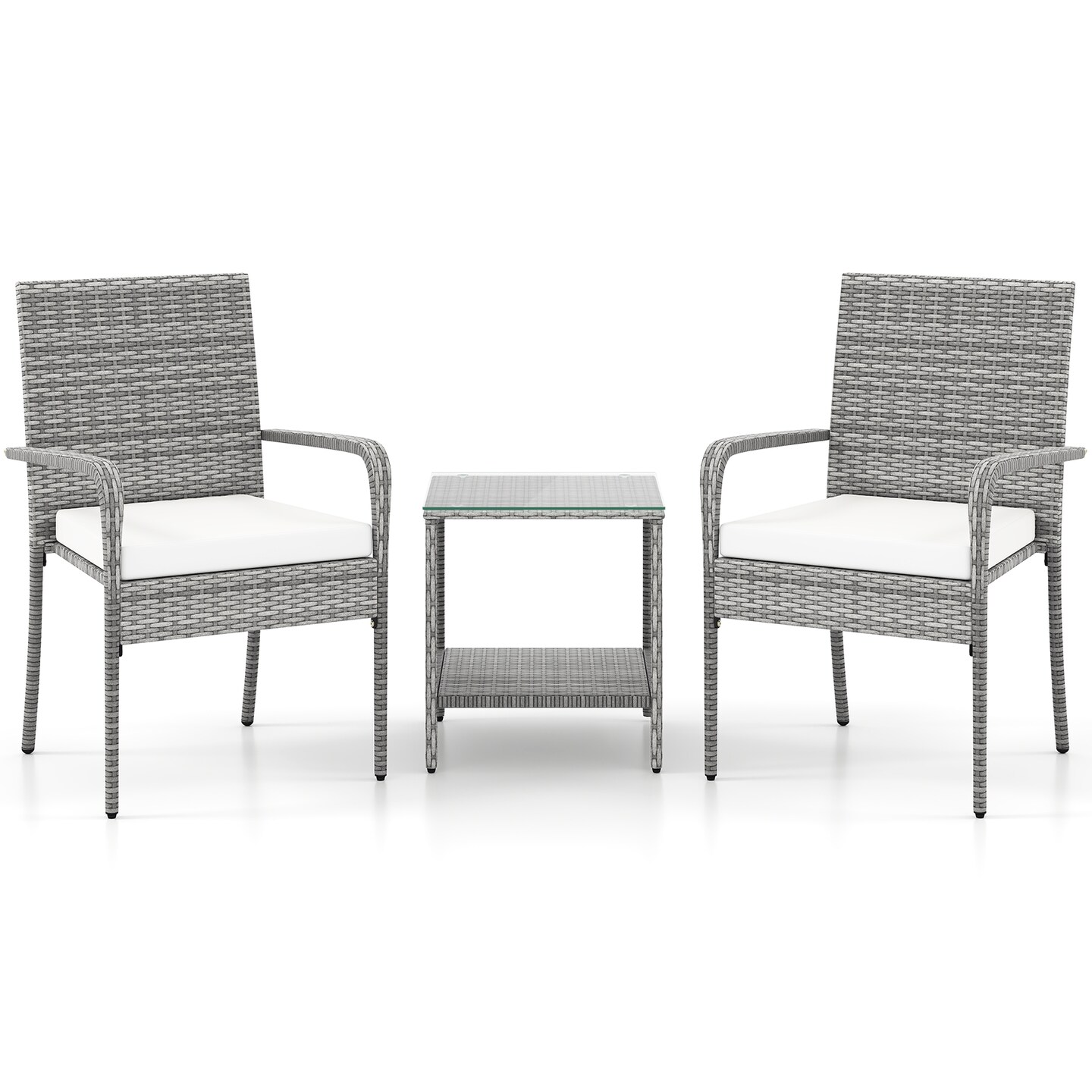 Mix Grey Rattan 3-Piece Patio Bistro Set with Cushions and Glass Table