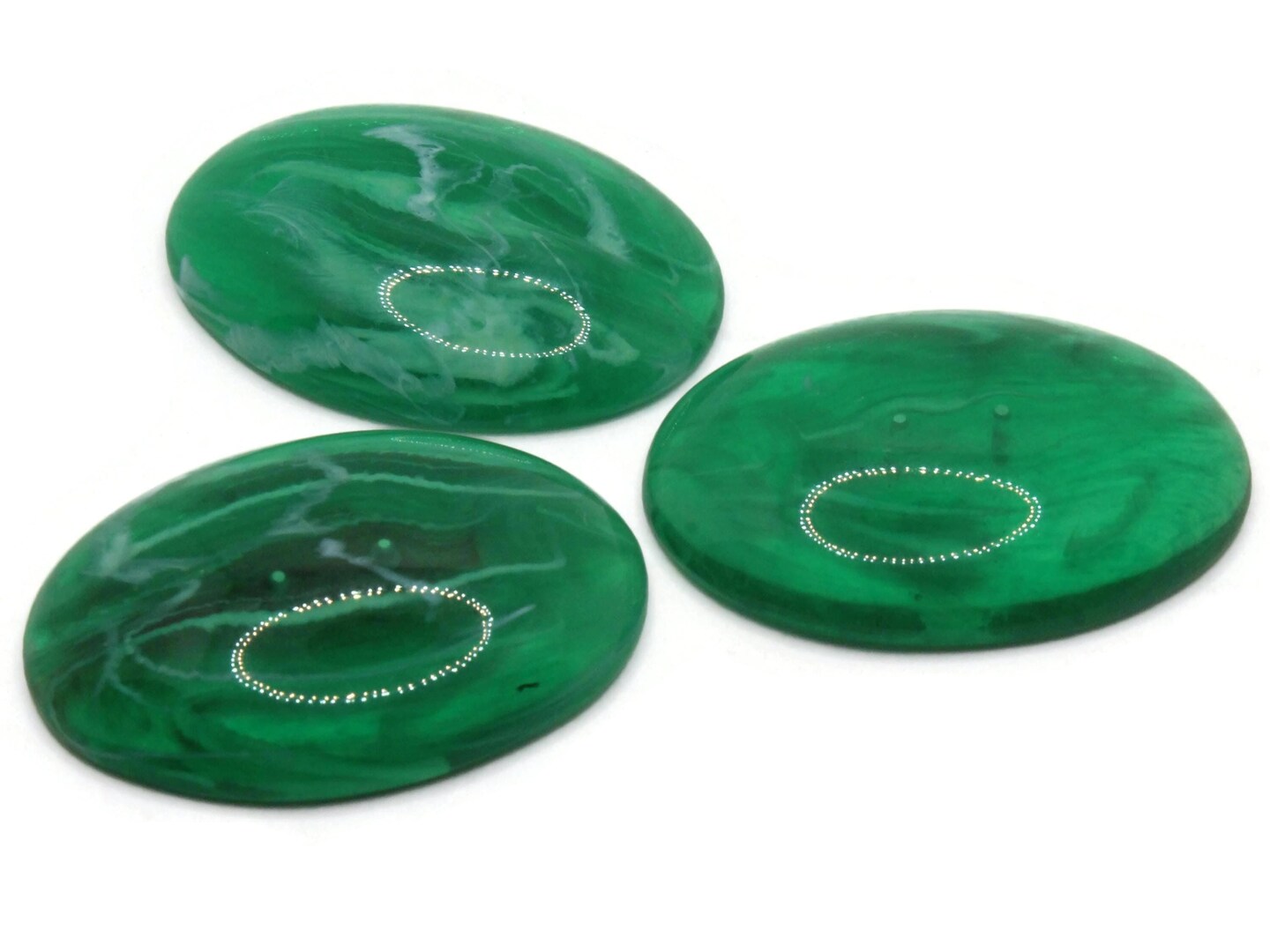 3 40mm x 30mm Swirling Green FlatbackOval Vintage Lucite Cabochons