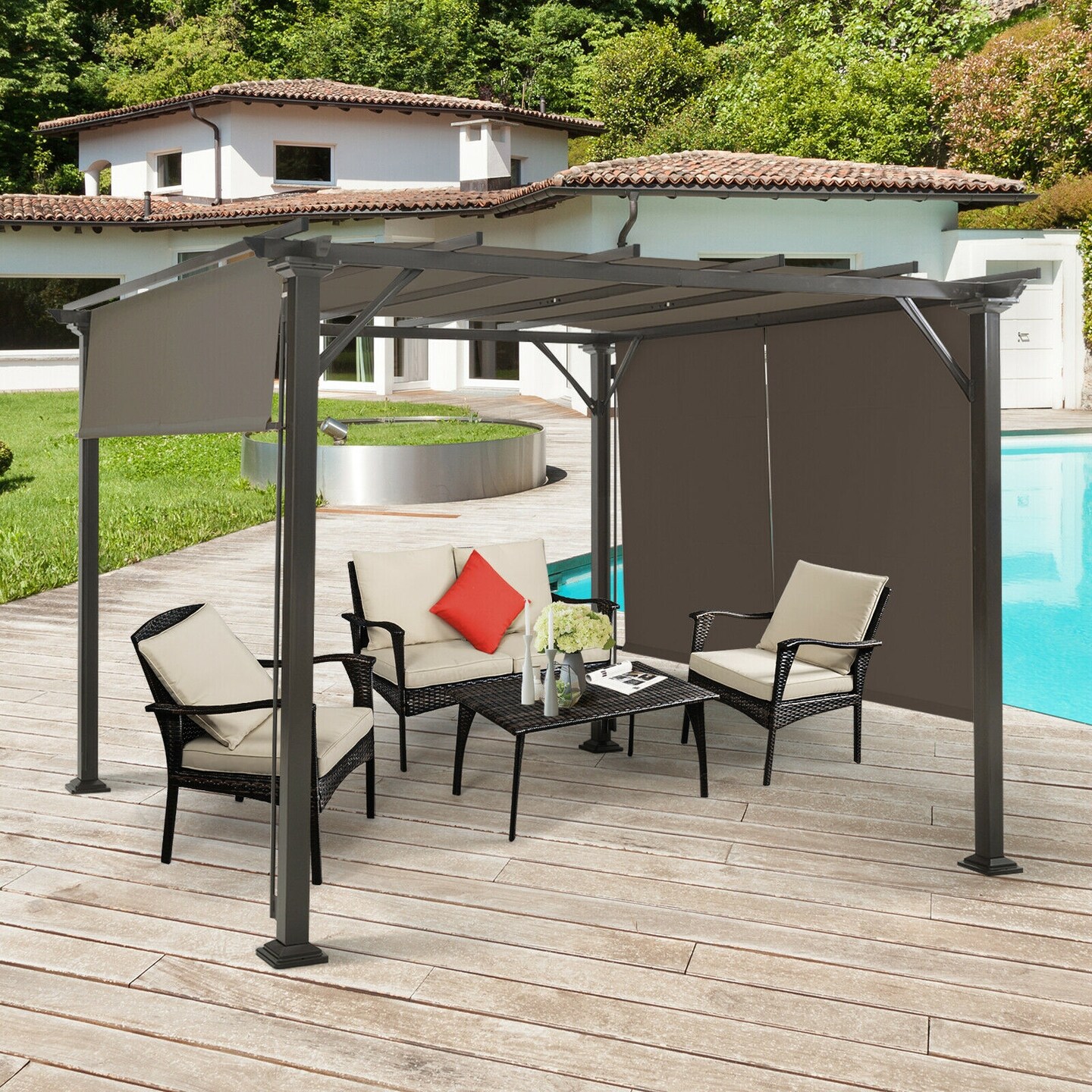 Brown Polyester Gazebo Canopy Cover 16'x4' Weather-Resistant 2-Piece Set