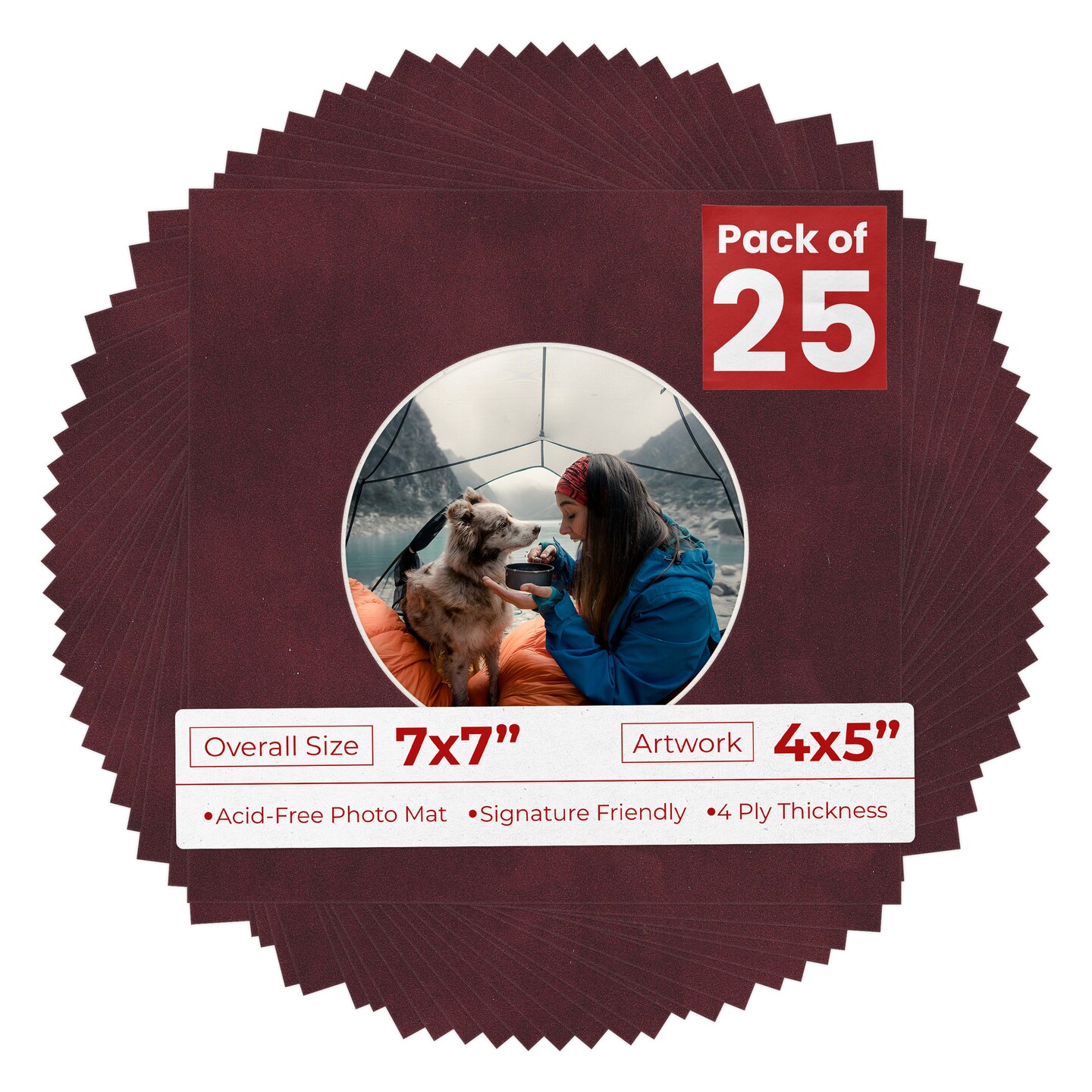 Dark Red Suede Mat Board for 7x7 Frames - Circle Opening for 4x5 Photos