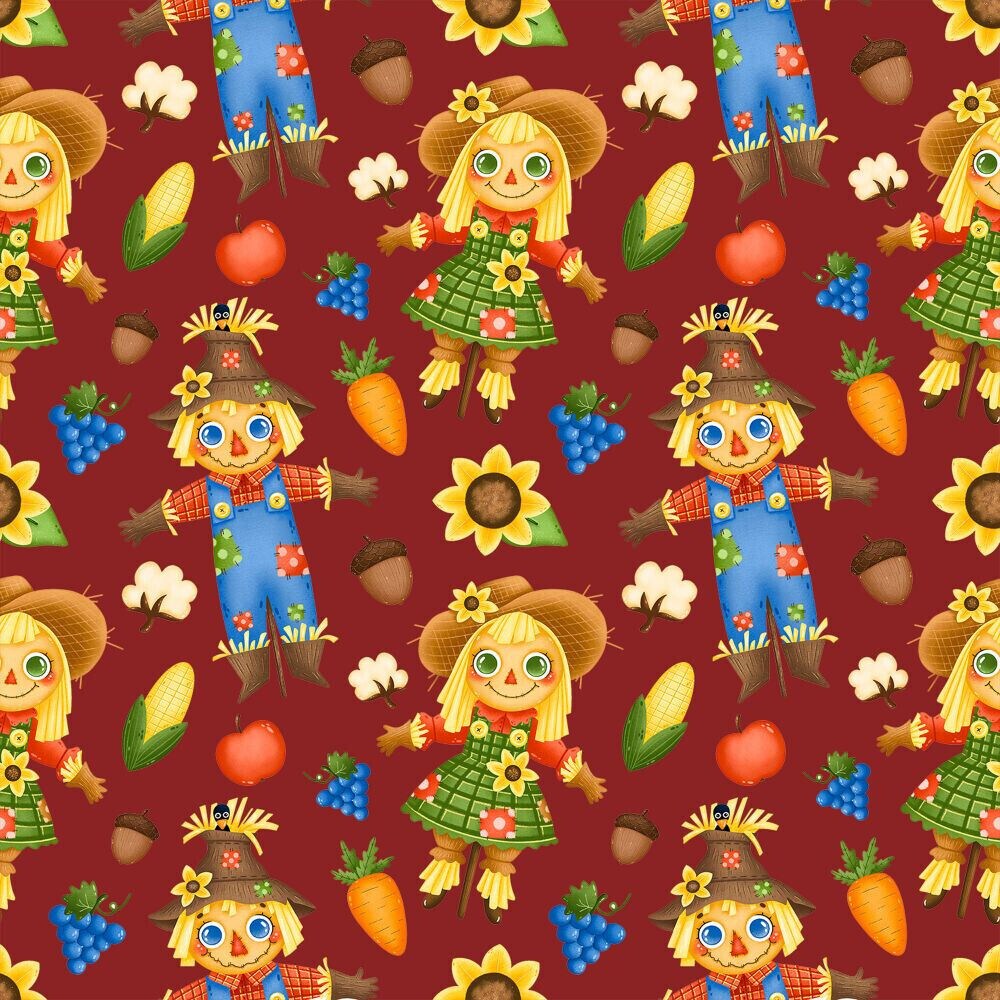 Fall Autumn Thanksgiving Fabric Fall Friends on Burgundy 100% Cotton Fabric