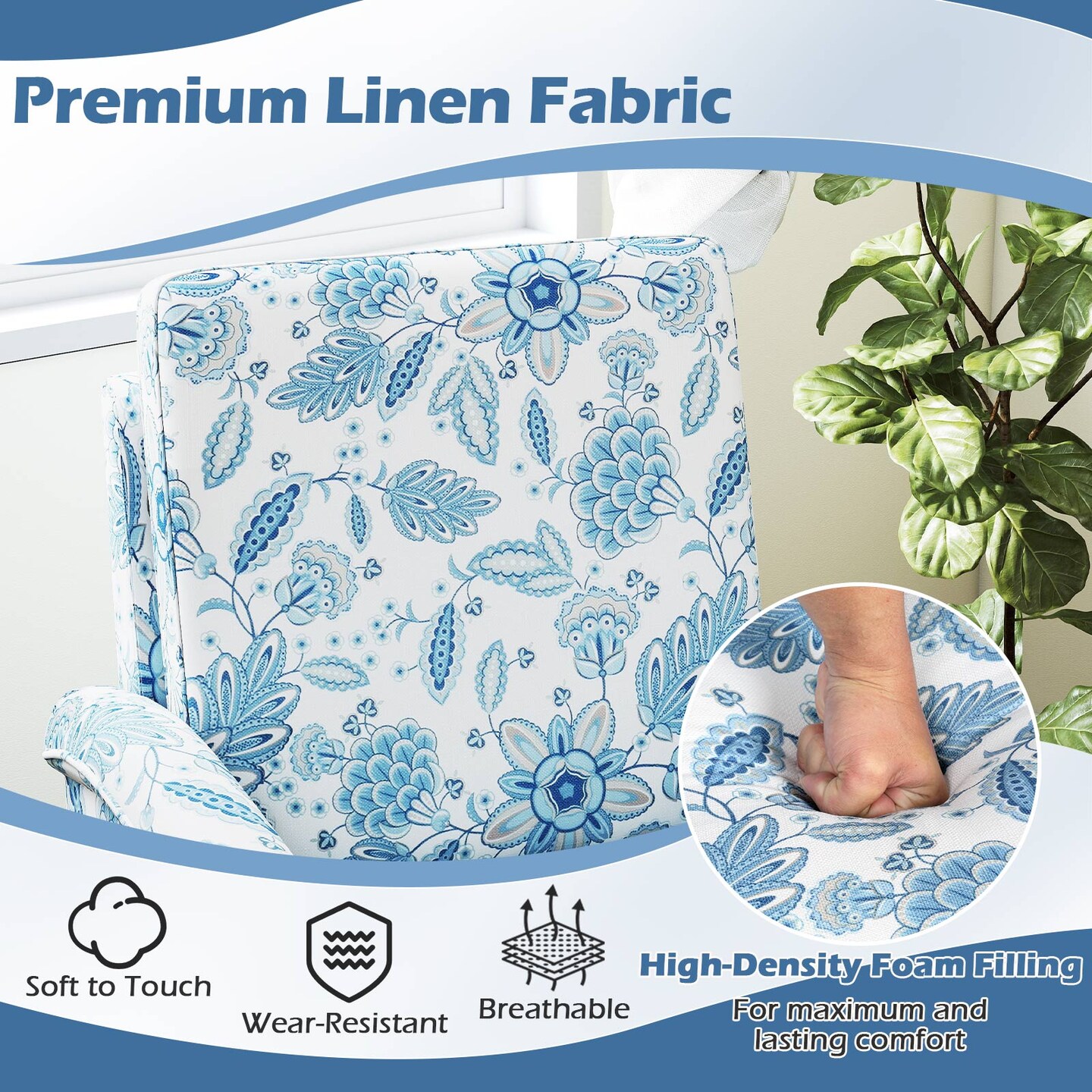 Farmhouse Boho Floral Accent Chair with Solid Wood Legs and High Back