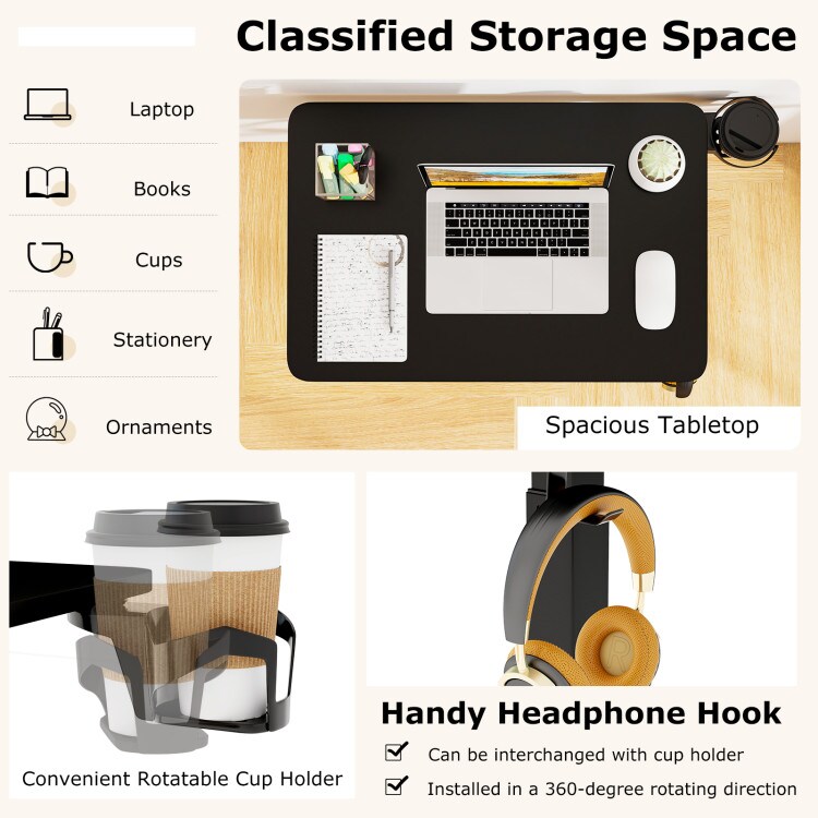 Height Adjustable Mobile Overbed Table with Cup Holder Standing and Bedside Use