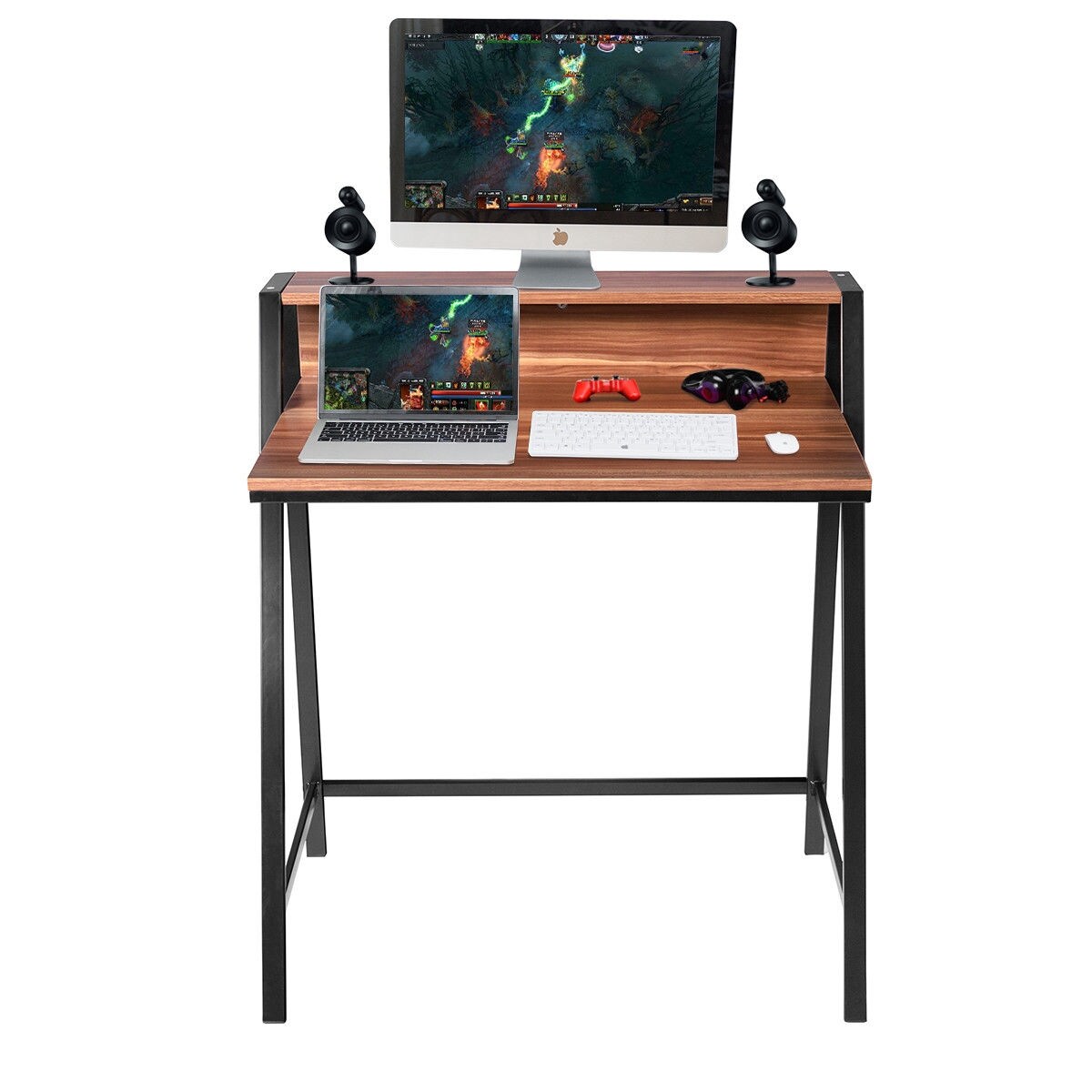 Metal Frame Computer Desk with Upper Shelf Study Table for Bedroom Office