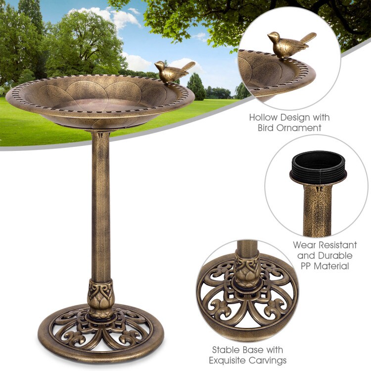 Freestanding Bird Bath Feeder Antique Gold with Hollow Stand and Large Bowl