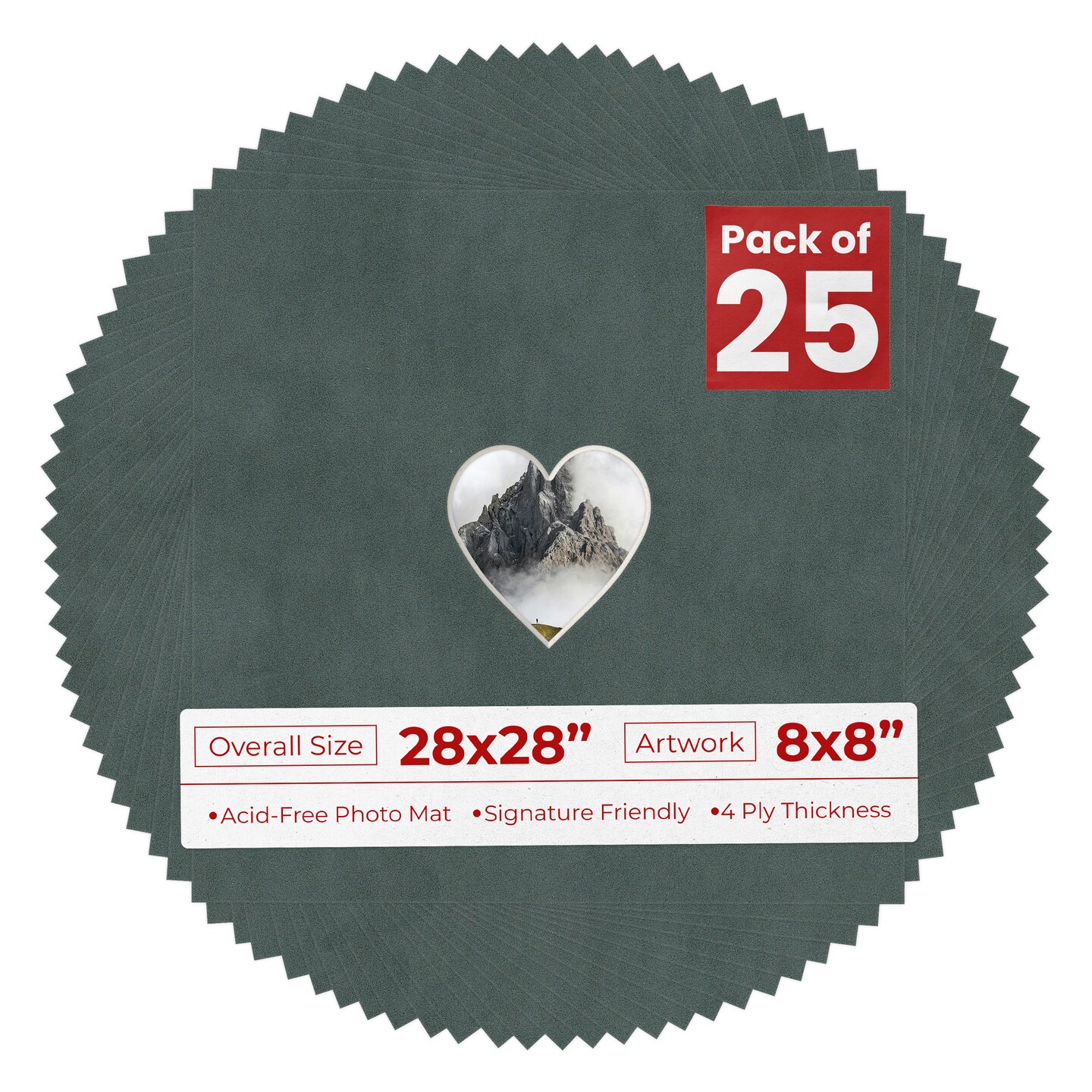 Dark Grey Suede Mat Board for 28x28 Frames - Heart Opening for 8x8 Photos