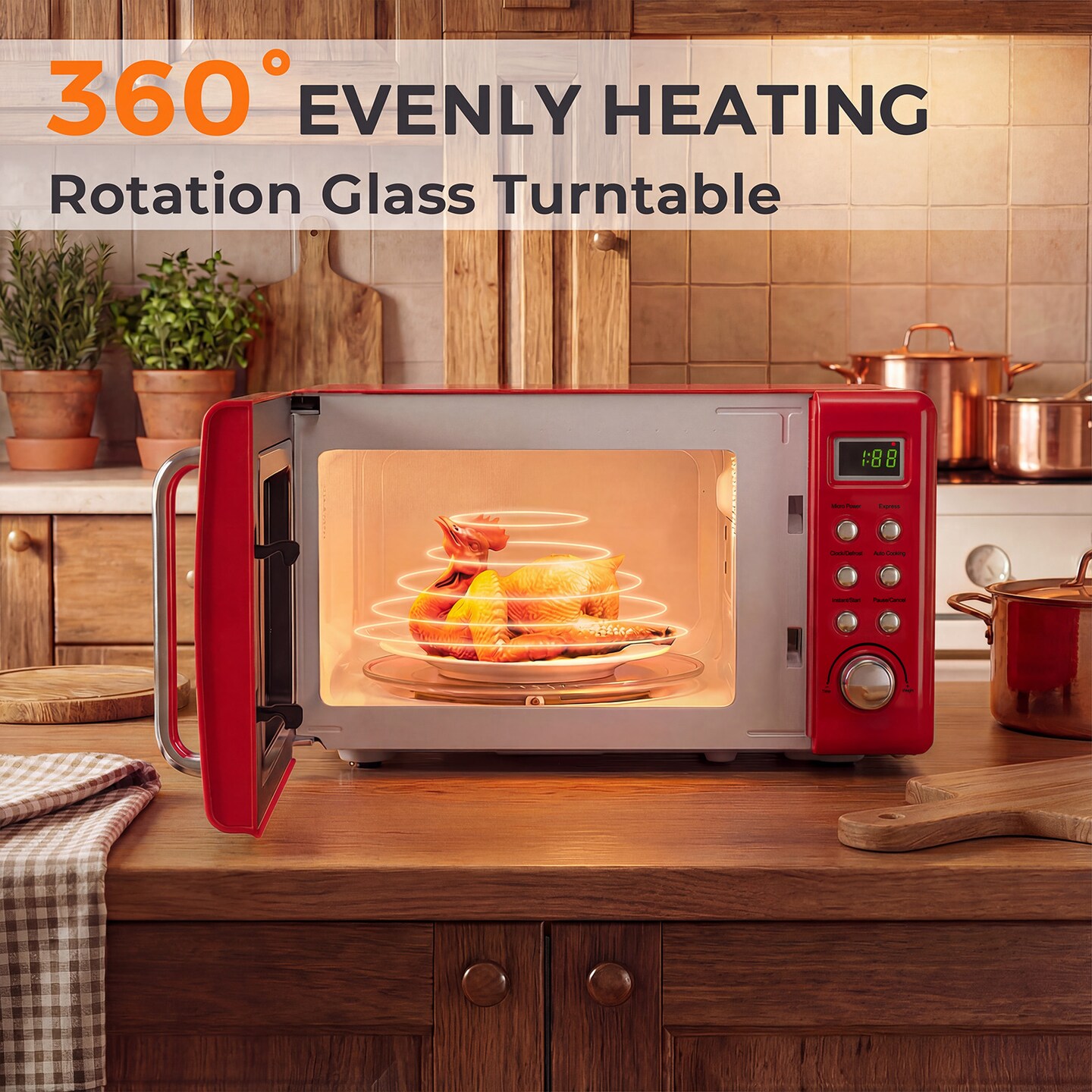 Retro 700W Microwave Oven Countertop with 5 Micro Power Settings and Auto Cook