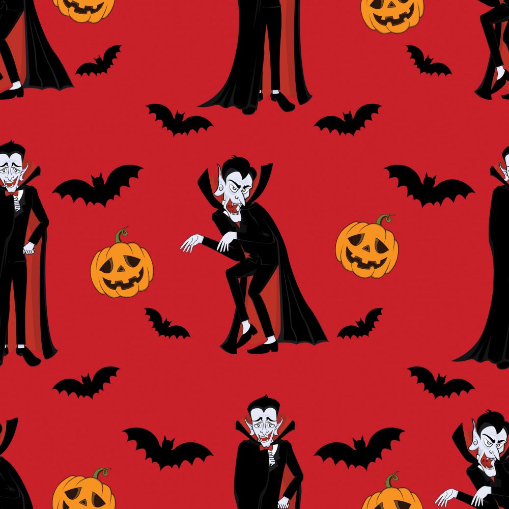 Halloween Vampires Bats and Pumpkins on Red 100% Cotton Fabric