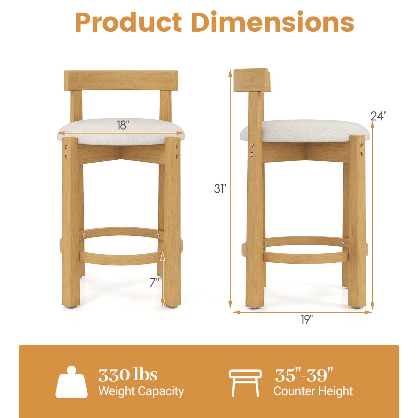 Teddy Velvet Counter Height Bar Stools 24” with Backrest and Footrest, Set of 2