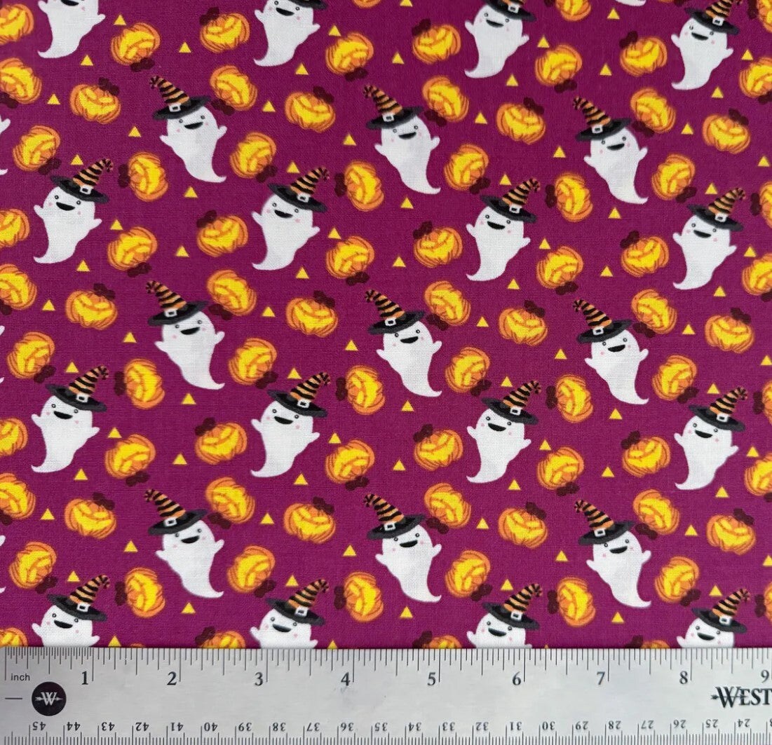 Halloween Happy Ghosts and Pumpkins on Purple 100% Cotton Fabric
