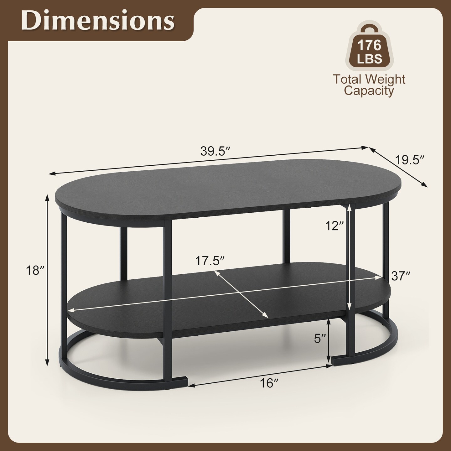 2-Tier Coffee Table Metal Frame Engineered Board Storage Shelf