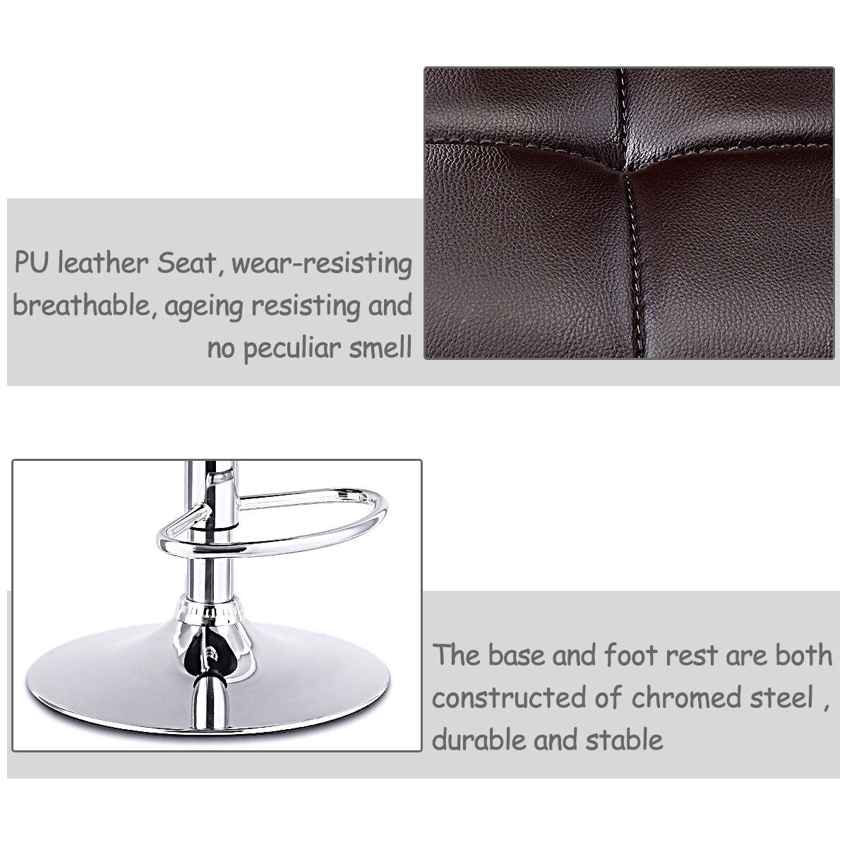 Set of 2 PU Leather Swivel Bar Stools Adjustable Height Chromed Steel Frame