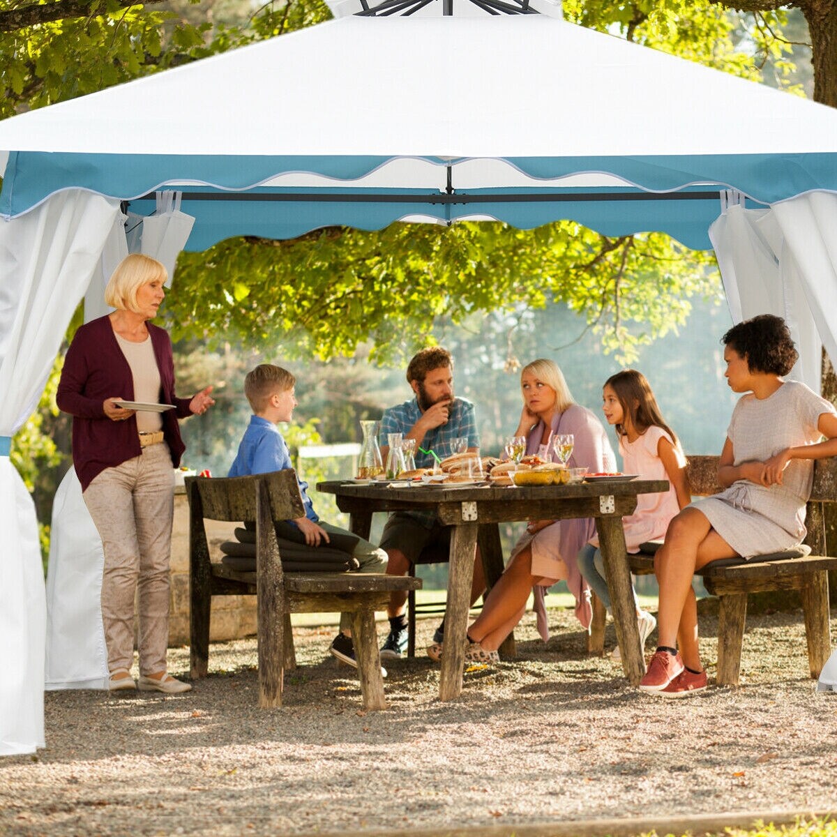 White-Blue Steel Frame Canopy Tent with Polyester Fabric 2-Tier Outdoor