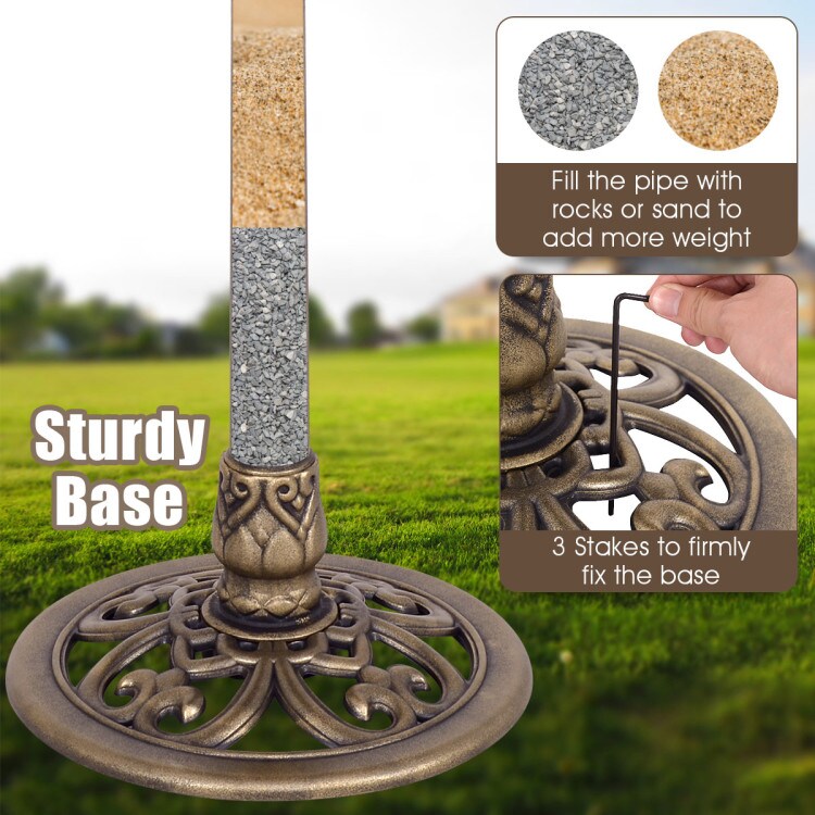 Freestanding Bird Bath Feeder Antique Gold with Hollow Stand and Large Bowl