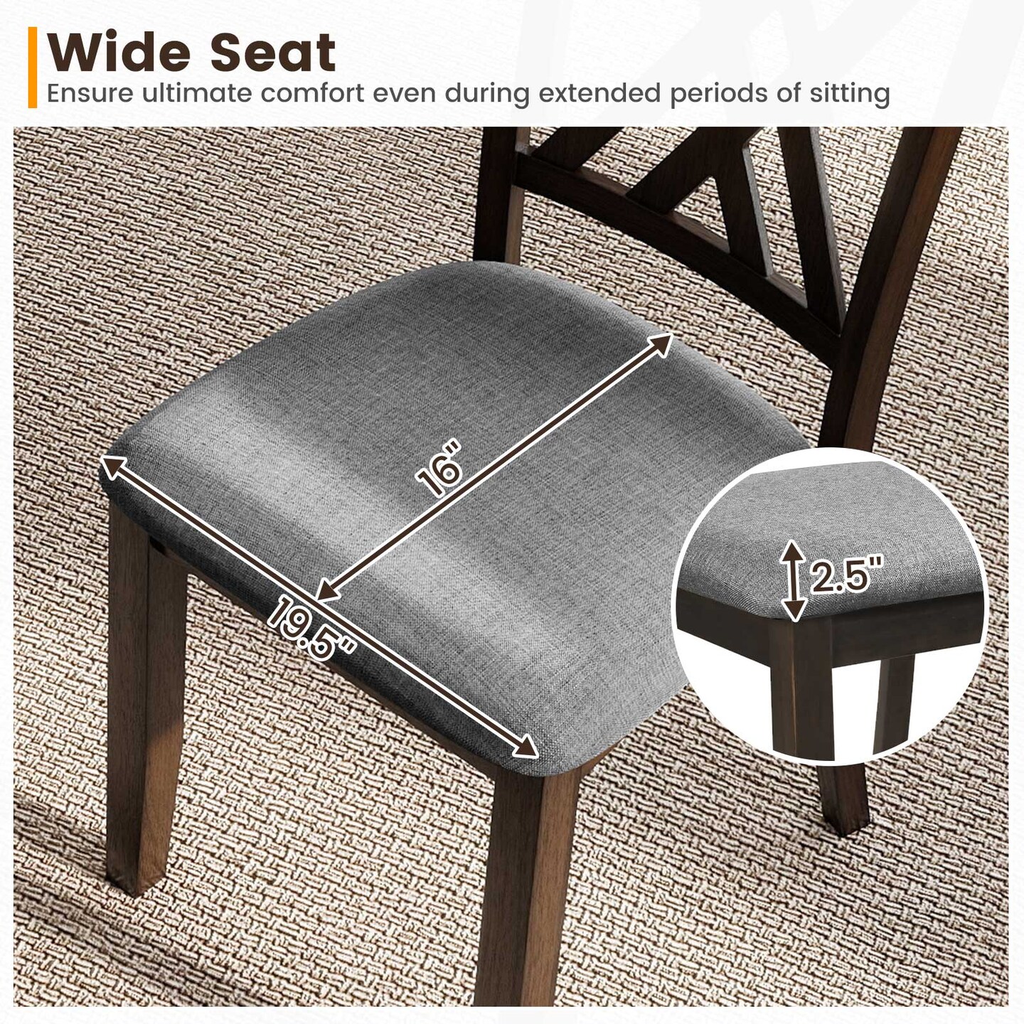 Wooden Dining Chairs Set of 2 Cushioned Linen Seat High Back Kitchen Chairs