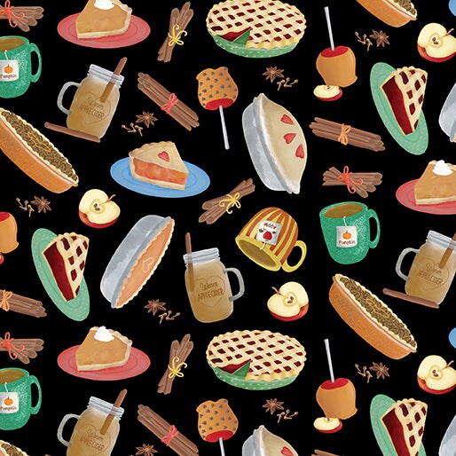 Benartex Thanksgiving Falling For Gnomes Treats On Black 100% Cotton Fabric Price per Yard