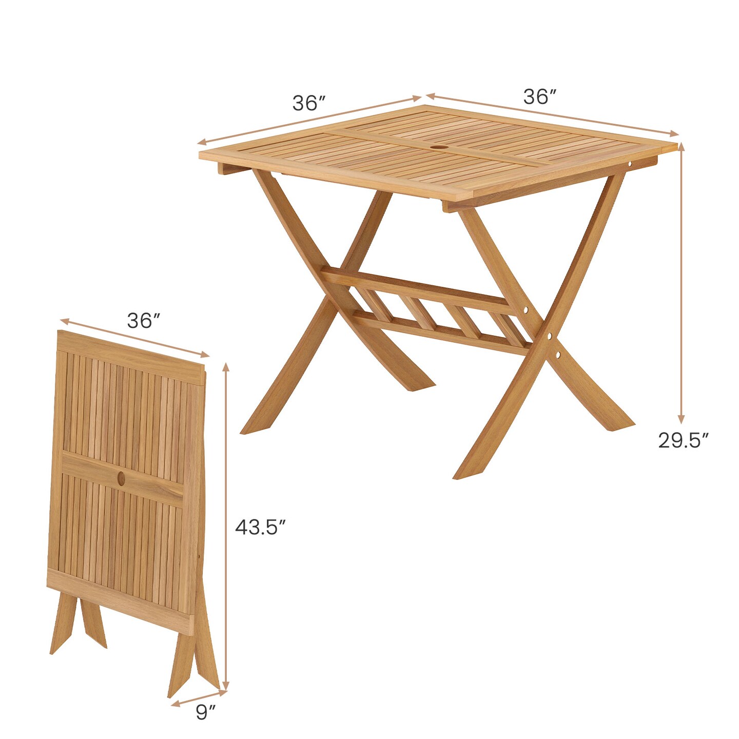 Folding 36-Inch Acacia Wood Patio Table with Umbrella Hole for Outdoor Dining