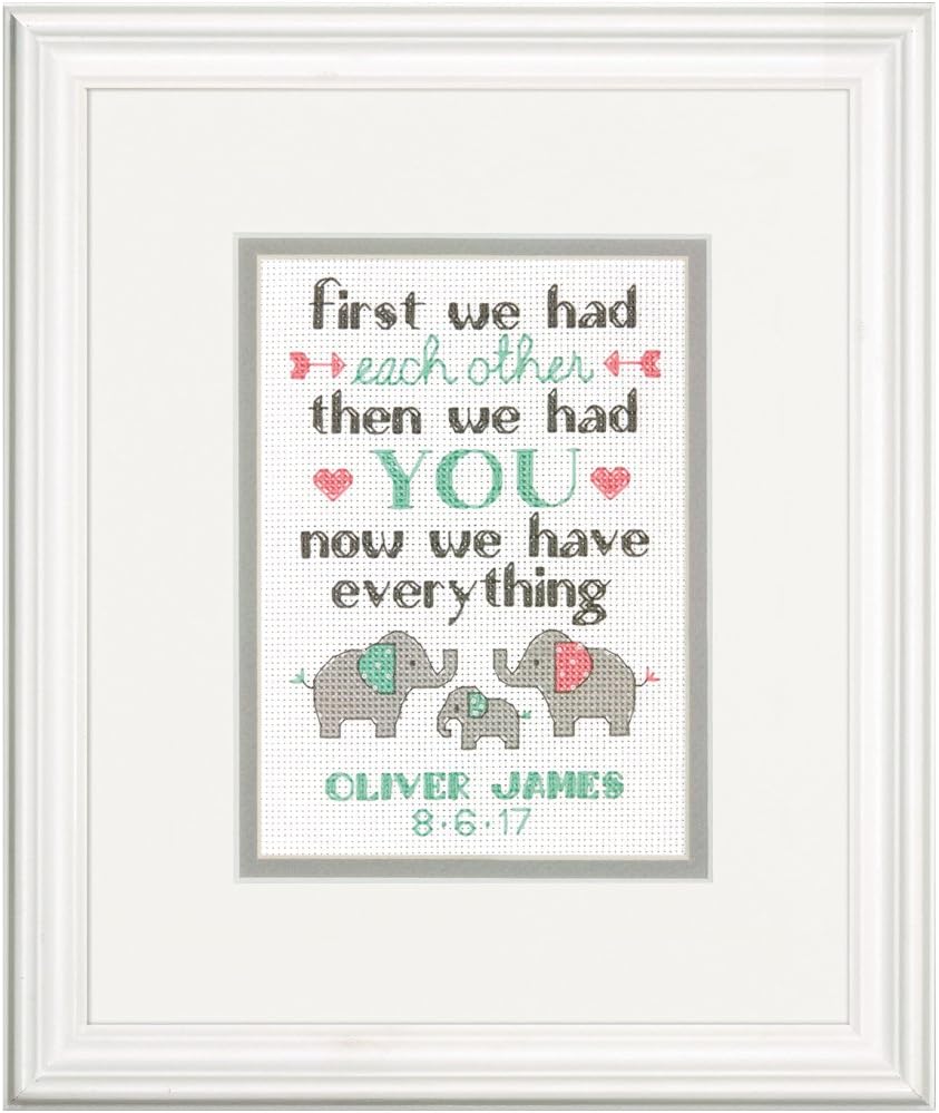 Personalized Baby Elephant Counted Cross Stitch Kit – 14CT Ivory Aida, 7×5 Inch Birth Record DIY Embroidery for Nursery Keepsake