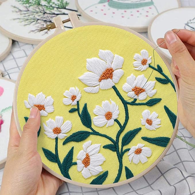 3 Sets Floral Embroidery Kits for Beginners – Cross Stitch & Needlepoint DIY Starter Kit for Adults – Includes Hoops, Threads & Step-by-Step Instructions