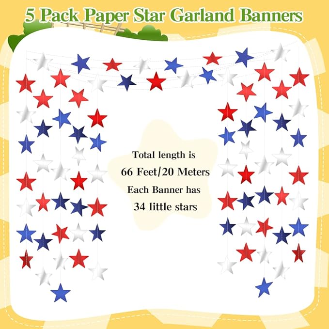 Red White and Blue Star Garland Banner, 66 Feet Patriotic Star Hanging Streamer 4th of July Banner Star Backdrop Decor for 4th Fourth of July Independence Memorial Veterans Labor Day Party Decorations