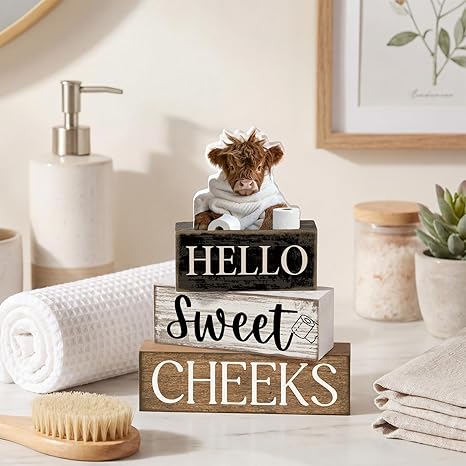 4 Pcs Highland Cow Bathroom Decor Farmhouse Bathroom Decor and Accessories Highland Cow Table Centerpiece Western Hello Sweet Cheeks Decoration for Home Office