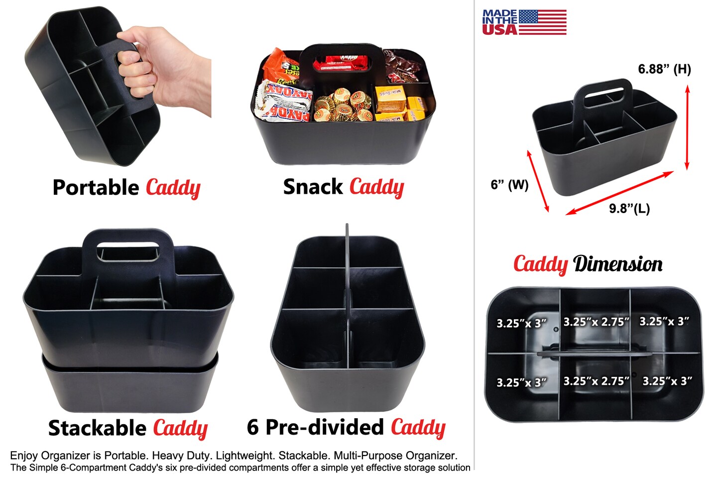 Enjoy Organizer 4 Pack Small Stackable and Portable Simple 6-Compartment Caddy - Made In USA